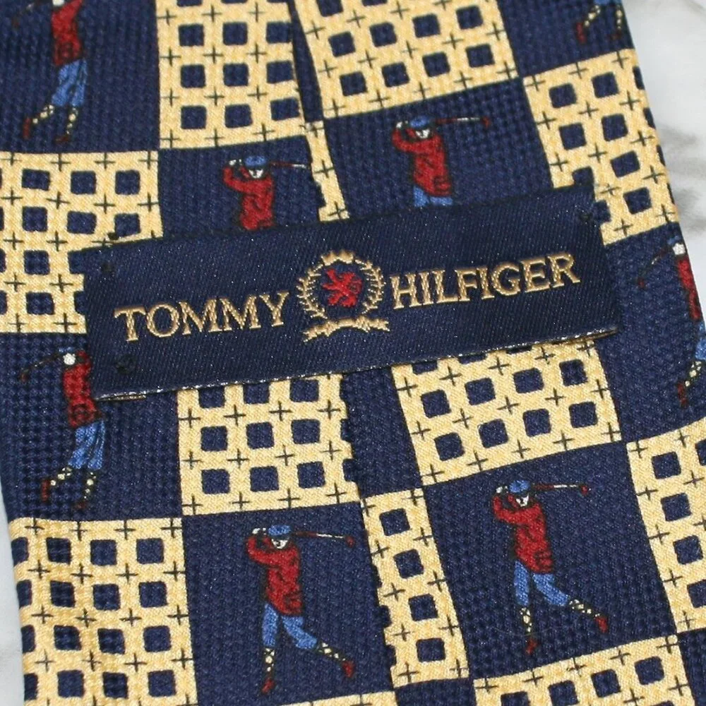 VINTAGE TOMMY HILFIGER Necktie Checkerboard Plaid Golf Blue Gold Silk Neck Tie